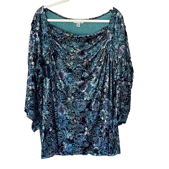 Dressbarn  Burnout Velvet‎  Top 3X Blue Purple Floral Dark Fairy Whimsigoth - Picture 1 of 8